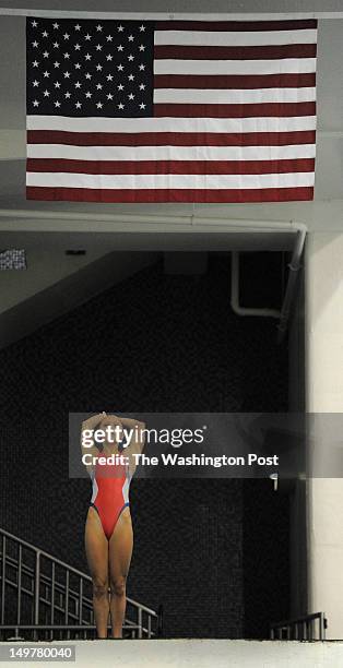 July 14: Katie Bell prepares to dive from the three meter platform as the U.S. Olympic Diving Team trains at the Eunice Kennedy and Sargent Shriver...