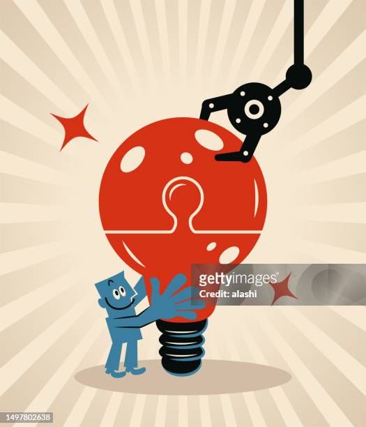 stockillustraties, clipart, cartoons en iconen met an artificially intelligent robot arm helps the blue man to complete the jigsaw puzzle of the big idea light bulb - leiden