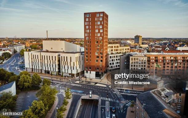 above main road intersection in odense - odense denmark stock pictures, royalty-free photos & images