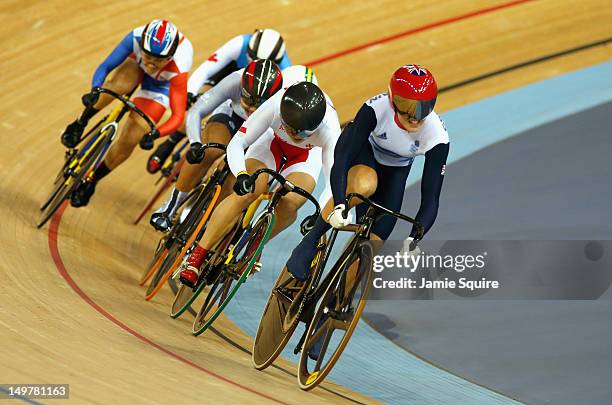 Victoria Pendleton of Great Britain leads Shuang Guo of China in the Women's Keirin Track Cycling final on Day 7 of the London 2012 Olympic Games at...