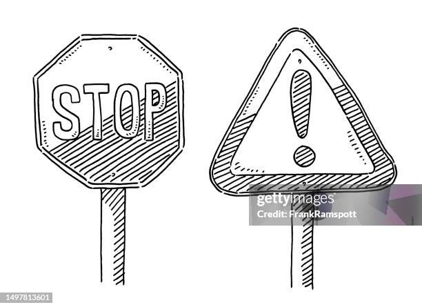 ilustraciones, imágenes clip art, dibujos animados e iconos de stock de dos señales de tráfico de parada y dibujo de advertencia - stop sign pole