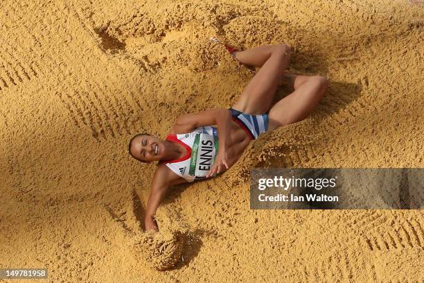 Jessica Ennis of Great Britain competes in the Women's Heptathlon Long Jump on Day 8 of the London 2012 Olympic Games at Olympic Stadium on August 4,...