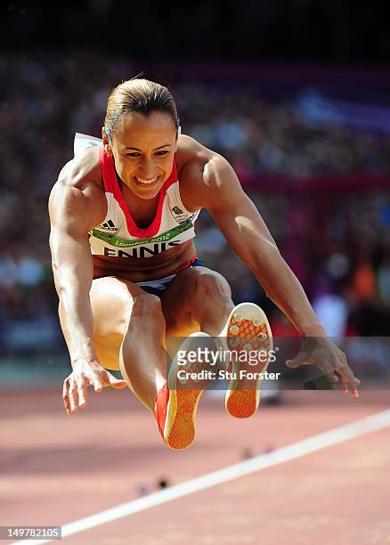 Jessica Ennis of Great Britain competes in the Women's Heptathlon Long Jump on Day 8 of the London 2012 Olympic Games at Olympic Stadium on August 4,...