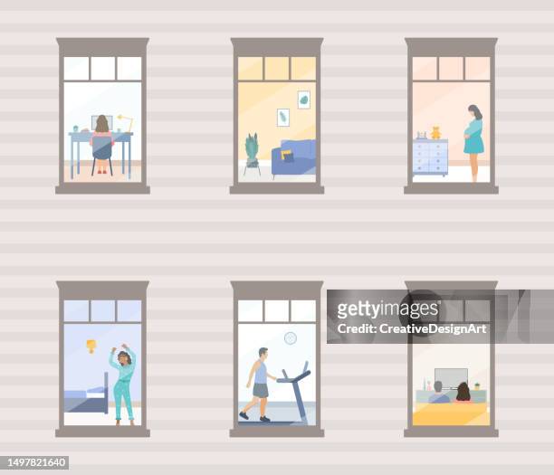 ilustrações de stock, clip art, desenhos animados e ícones de facade of a building with people at their apartments. young man walking on treadmill, african woman dancing, couple watching tv, pregnant woman standing in baby room and woman working at home - open workouts