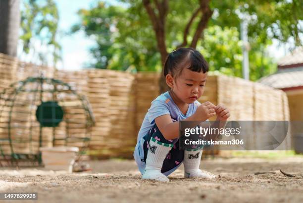 happy weekend activity asian toddler enjoy playing sandbox on the playground at public park - 2 boys 1 sandbox stock pictures, royalty-free photos & images