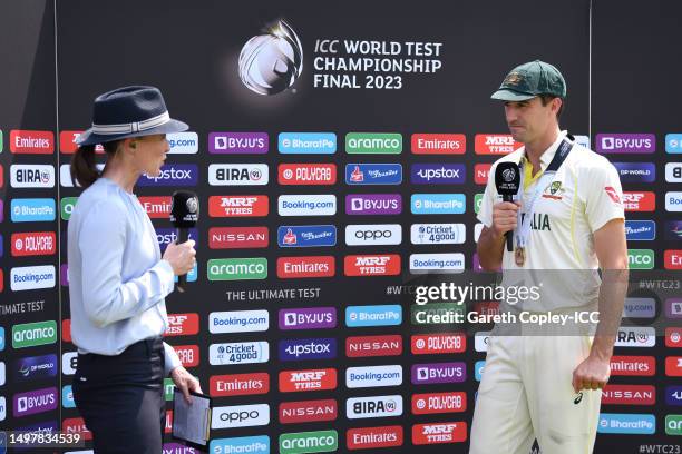 Pat Cummins of Australia is interviewed by ICC commentator Alison Mitchell on day five of the ICC World Test Championship Final between Australia and...