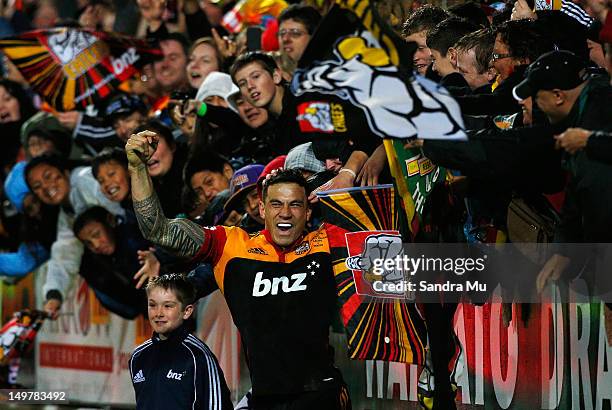 Sonny Bill Williams of the Chiefs celebrates his try with the crowd during the Super Rugby Final between the Chiefs and the Sharks at Waikato Stadium...