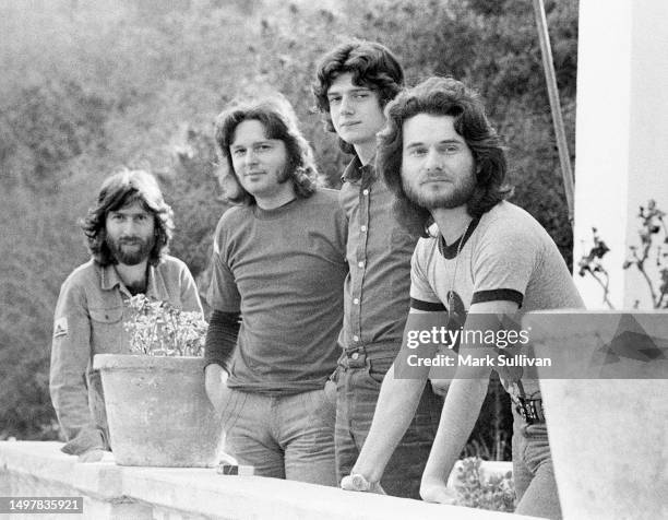 Italian progressive rock band Le Orme pose at the The Houdini Estate, Lauel Canyon, Los Angeles, CA 1975.