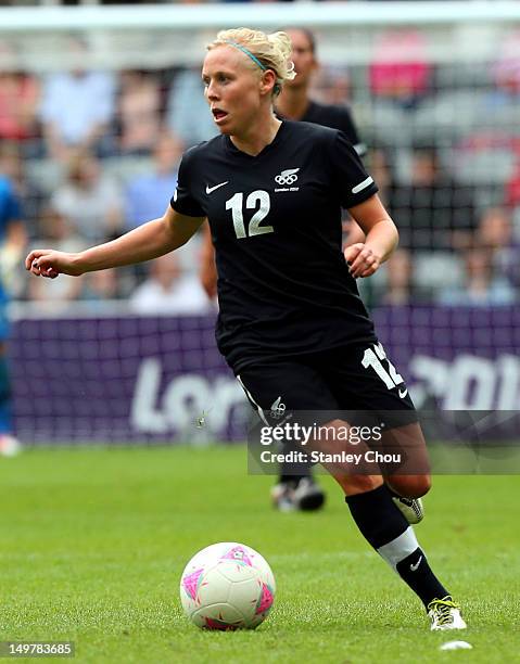 Betsy Hassett of New Zealand in action during the Women's Football Quarter Final match between United States and New Zealand, on Day 7 of the London...