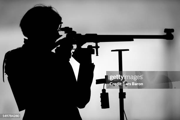 Olga Dovgun of Kazakhstan competes during Women's 50m Rifle 3 Positions Shooting Qualification on Day 8 of the London 2012 Olympic Game at the Royal...