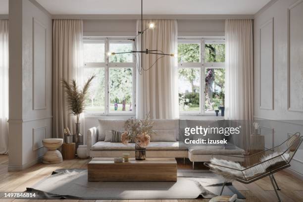 comfortable living room with sofa and windows - panela bildbanksfoton och bilder