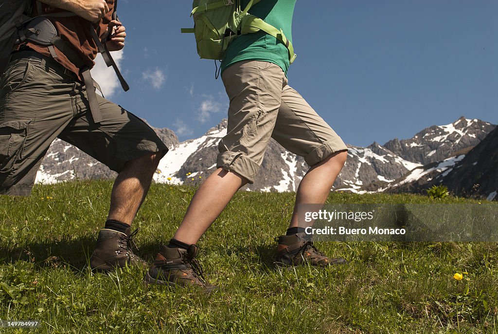 Feet of hiking couple