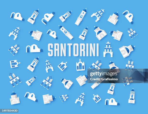 pattern of santorini bell tower and blue domes in oia on greece illustration in flat design - santorini 幅插畫檔、美工圖案、卡通及圖標