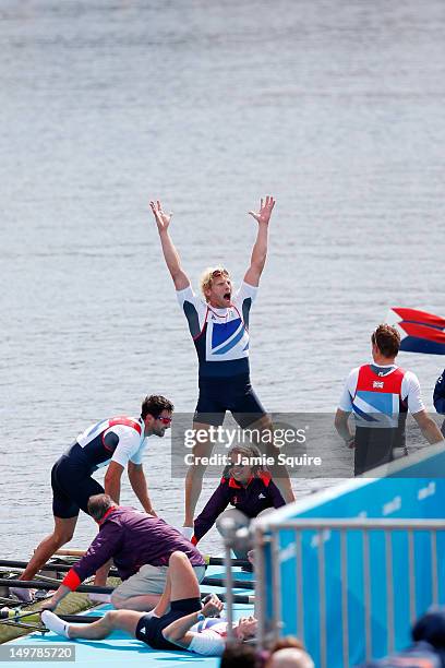 Alex Gregory, Pete Reed, Tom James and Andrew Triggs Hodge of Great Britain celebrate after winning gold in the Men's Four Final on Day 8 of the...