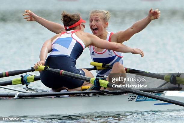 Katherine Copeland and Sophie Hosking of Great Britain celebrate winning gold in the Lightweight Women's Double Sculls Final on Day 8 of the London...