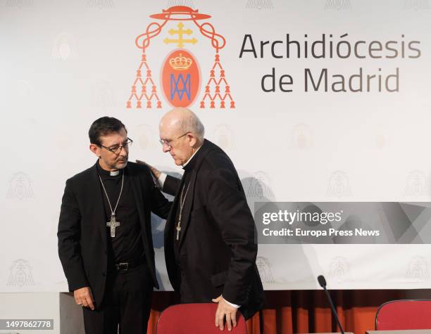 The newly appointed Archbishop of Madrid, Jose Cobo and his predecessor Carlos Osoro , during a press conference, at the Media Office of the...