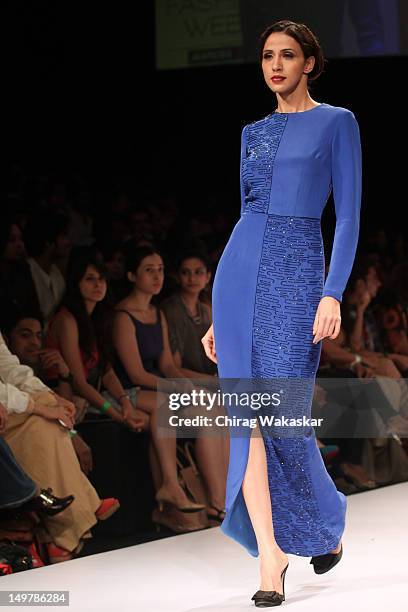 Model walks the runway at the Pernia Qureshi show at The Lakme Fashion Week Winter/Festive 2012 day 2 at the Grand Hyatt on August 4, 2012 in Mumbai,...