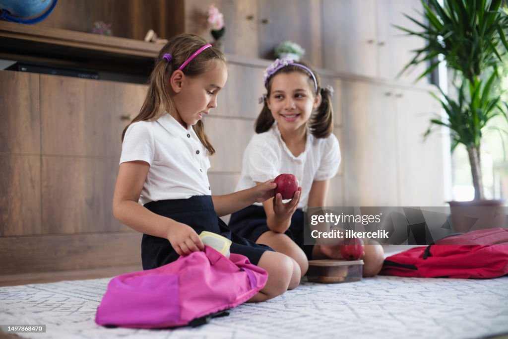 Back To School Concept Children Getting Ready For School In The Morning