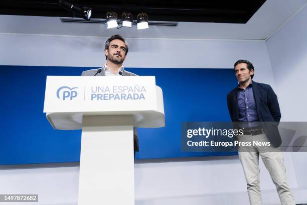 The president of the PP Electoral Committee, Diego Calvo, speaks during a press conference after the meeting of the PP Steering Committee, at the...