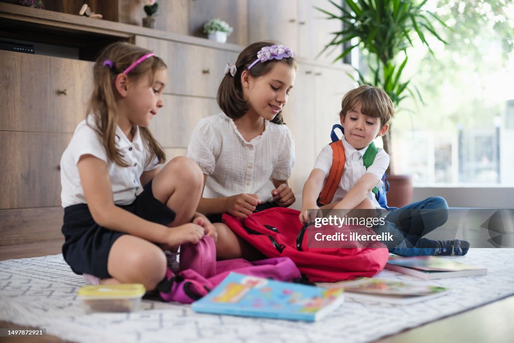 Back To School Concept Children Getting Ready For School In The Morning