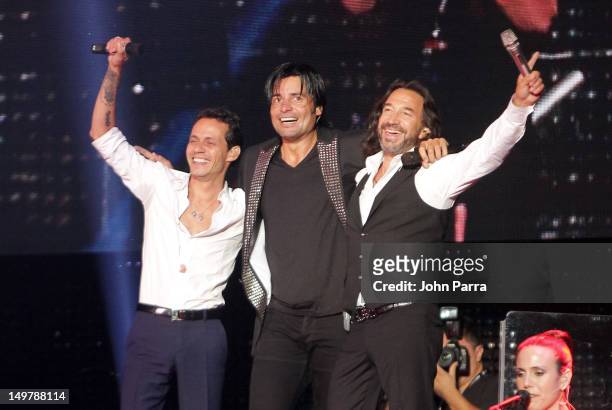 Marc Anthony, Chayanne and Marco Antonio Solis perform during the tour opener at AmericanAirlines Arena on August 3, 2012 in Miami, Florida.