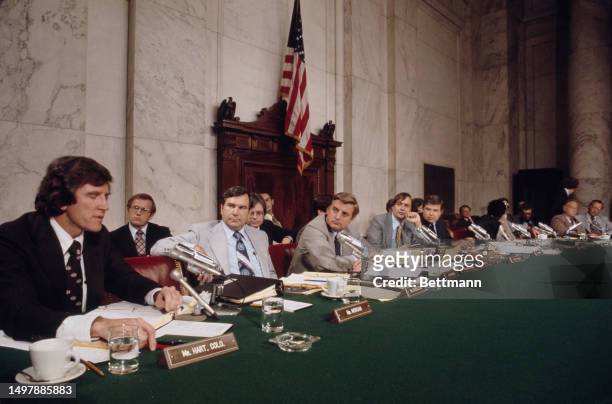 Senator Gary Hart speaking at the opening of the Senate Intelligence Committee's hearing on the CIA's secret project to develop toxins and...