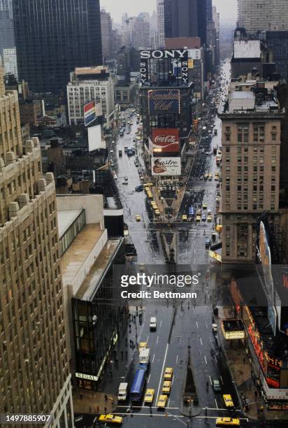 Aerial view of Times Square in New York on a rainy day, December 1st 1975.