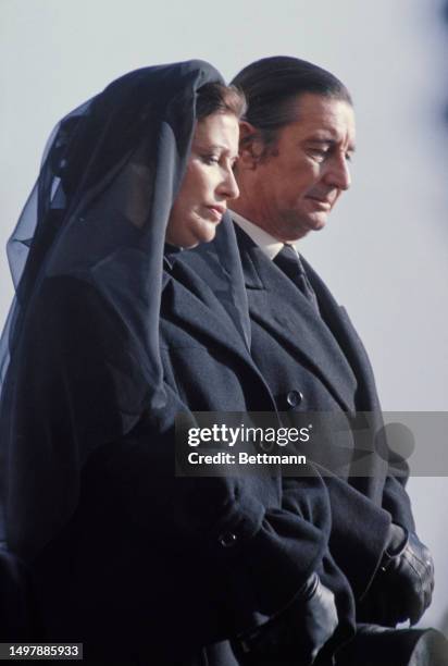 Cristobal Martinez-Bordiu, 10th Marquis de Villaverde , and his wife Carmen Franco y Polo pictured in front of the Royal Palace in Madrid during the...