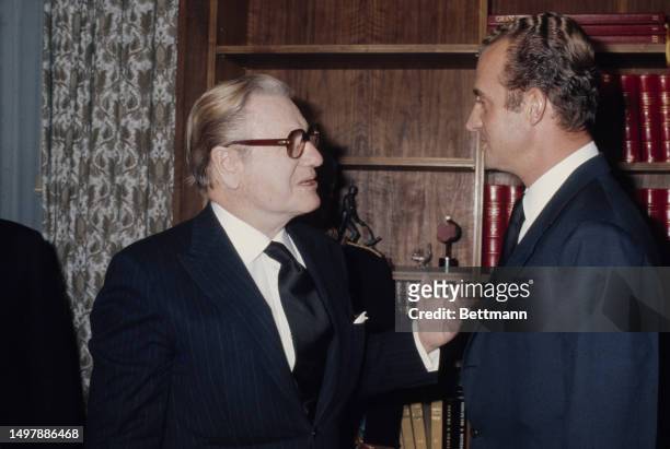 Vice President Nelson Rockefeller speaking with King Juan Carlos of Spain at the Palace of Zarzuela in Madrid, November 22nd 1975.
