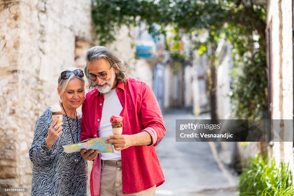 Mature couple visiting old village of Lefkara , Cyprus