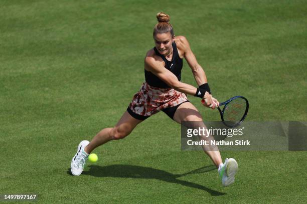 Maria Sakkari of Greece plays a backhand in the Women's Singles Round of 32 match against Xiyu Wang of China during Day One of the Rothesay Open...