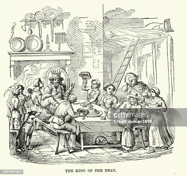 history of old christmas traditions, king of the bean, man who finds the bean in the cake or pudding is mock king for the day - christmas cake stock illustrations
