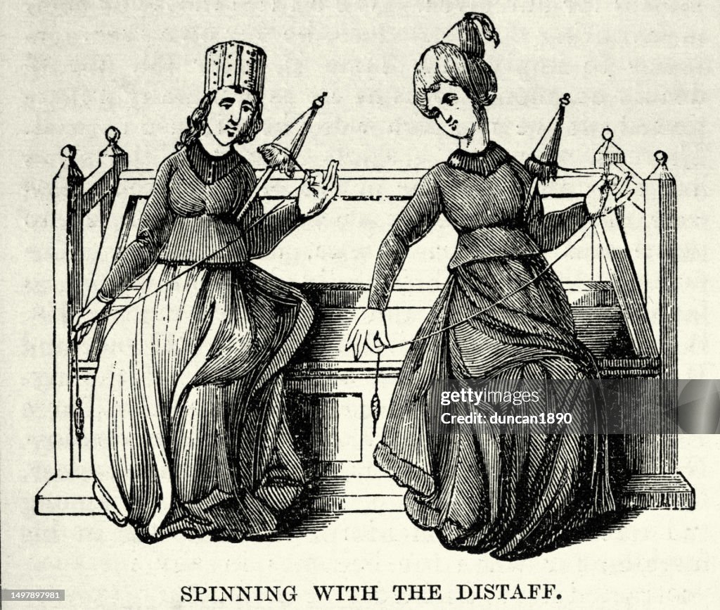Medieval women spinning flax or wool with a distaff a tool used in spinning