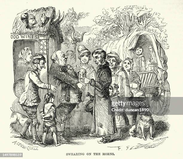 swearing on the horns a farcical oath, drinking beer, tankard, pub, landlord, 19th century - pledge of allegiance stock illustrations