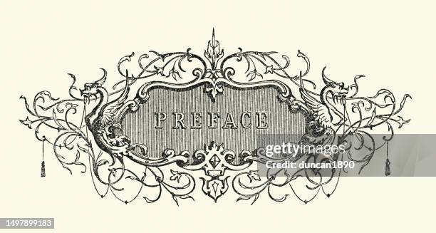victorian design element, preface title, scroll work with dragons, 19th century style - victorian font stock illustrations