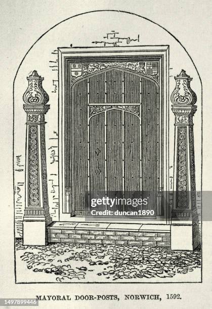 vintage illustration of mayoral door posts of norwich, england, 1592 - 16th century style stock illustrations