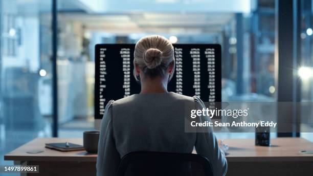 back view of programmer or cybersecurity employee working overtime late at night in an office. skilled woman web expert writing a backend algorithm on a computer in the evening at her workplace - back stock pictures, royalty-free photos & images