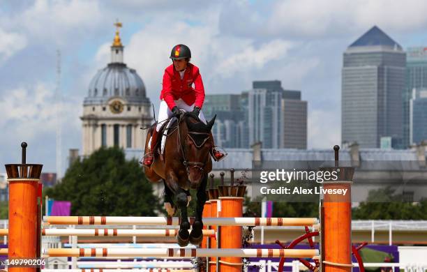 Meredith Michaels-Beerbaum of Germany riding Bella Donna competes in the 1st Qualifier of Individual Jumping on Day 8 of the London 2012 Olympic...