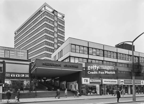Shopfronts for Stylo, Mothercare, Shackletons, and the Vintage Steak Bar, on either side of the steps leading into the Merrion Centre, a shopping...