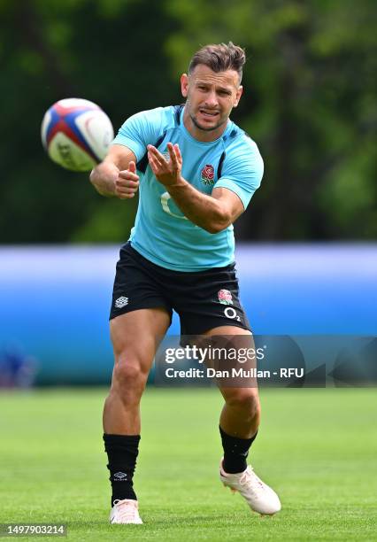 Danny Care of England releases a pass during a training session at Pennyhill Park on June 12, 2023 in Bagshot, England.