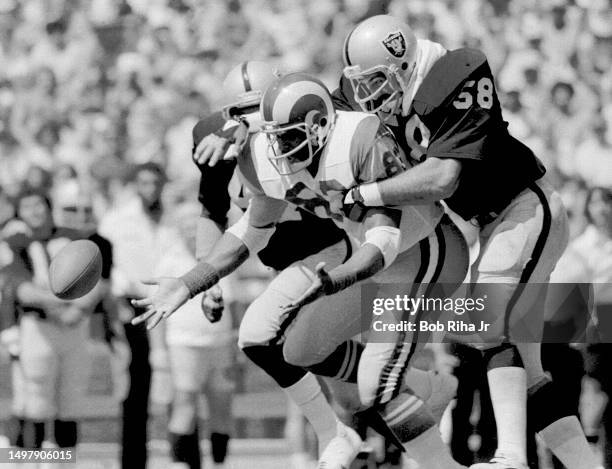 Oakland Raiders Linebacker Monte Johnson puts a hit on Rams Tight End Terry Nelson during game action of Los Angeles Rams against Oakland Raiders at...