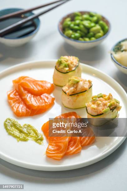 japanese food, salmon ,sashimi and avocado sushi - shrimp edamame stock pictures, royalty-free photos & images