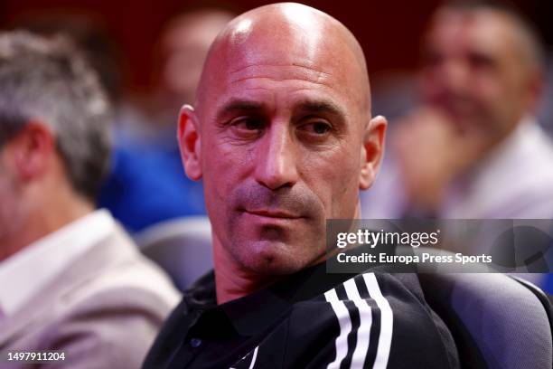 Luis Rubiales, President of RFEF, is seen during the press conference of Jorge Vilda to announce the squad for the FIFA Women’s World Cup at Ciudad...