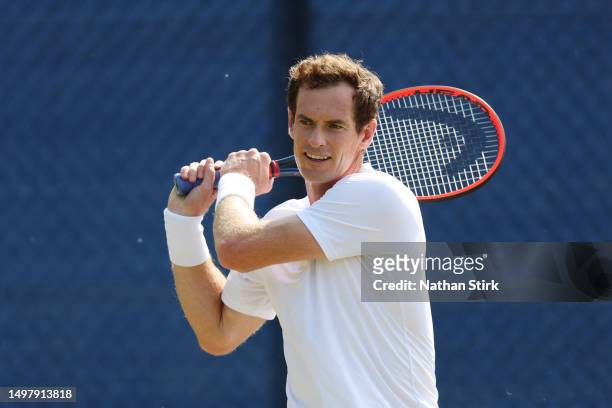 Andy Murray of Great Britain plays a backhand during a practice session on Day One of the Rothesay Open Nottingham at Nottingham Tennis Centre on...