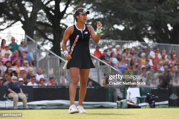 Heather Watson of Great Britain celebrates during the Women's Singles Round of 32 match against Jule Niemeier of Germany during Day One of the...