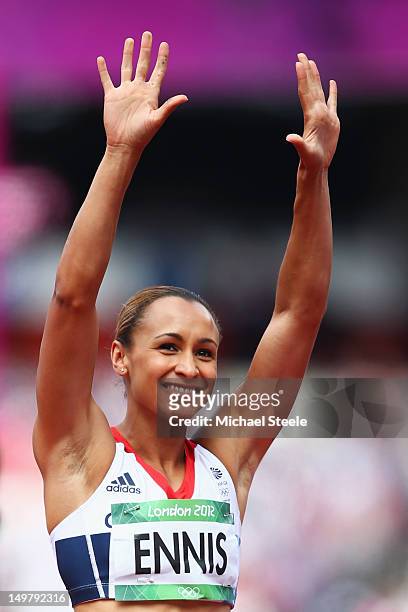 Jessica Ennis of Great Britain acknowledges the support duing the Women's Heptathlon Javelin Throw on Day 8 of the London 2012 Olympic Games at...