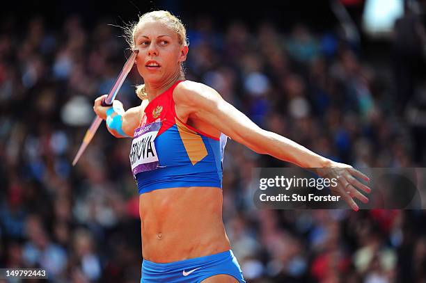 Tatyana Chernova of Russia competes in the Women's Heptathlon Javelin Throw on Day 8 of the London 2012 Olympic Games at Olympic Stadium on August 4,...