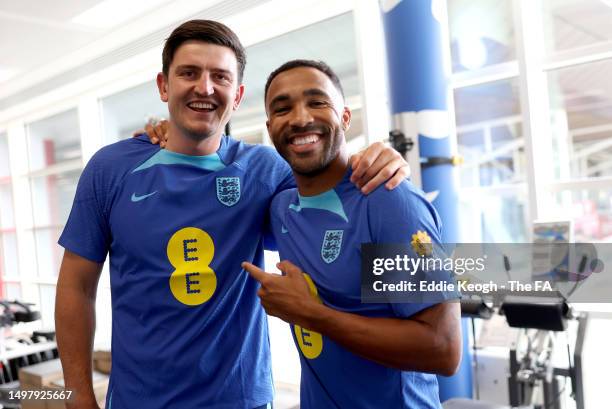 Harry Maguire and Callum Wilson of England pose for a photograph in the gym at St George's Park on June 12, 2023 in Burton upon Trent, England.