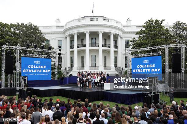 Vice President Kamala Harris speaks during a College Athlete Day event to celebrate women’s and men’s NCAA championship teams from the 2022-2023...