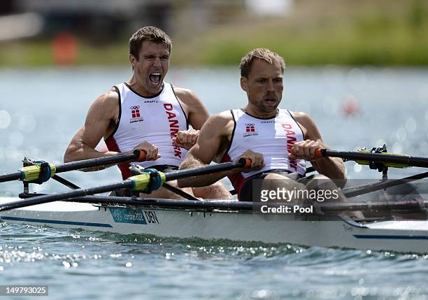 Mads Rasmussen and Rasmus Quist of Denmark compete on their way to winning the gold medal in the Lightweight Men's Double Sculls Final on Day 8 of...